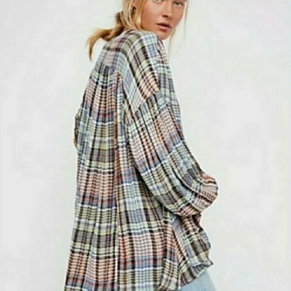 Free People Come On Over Oversized Plaid Flannel Tunic Womens XS‎